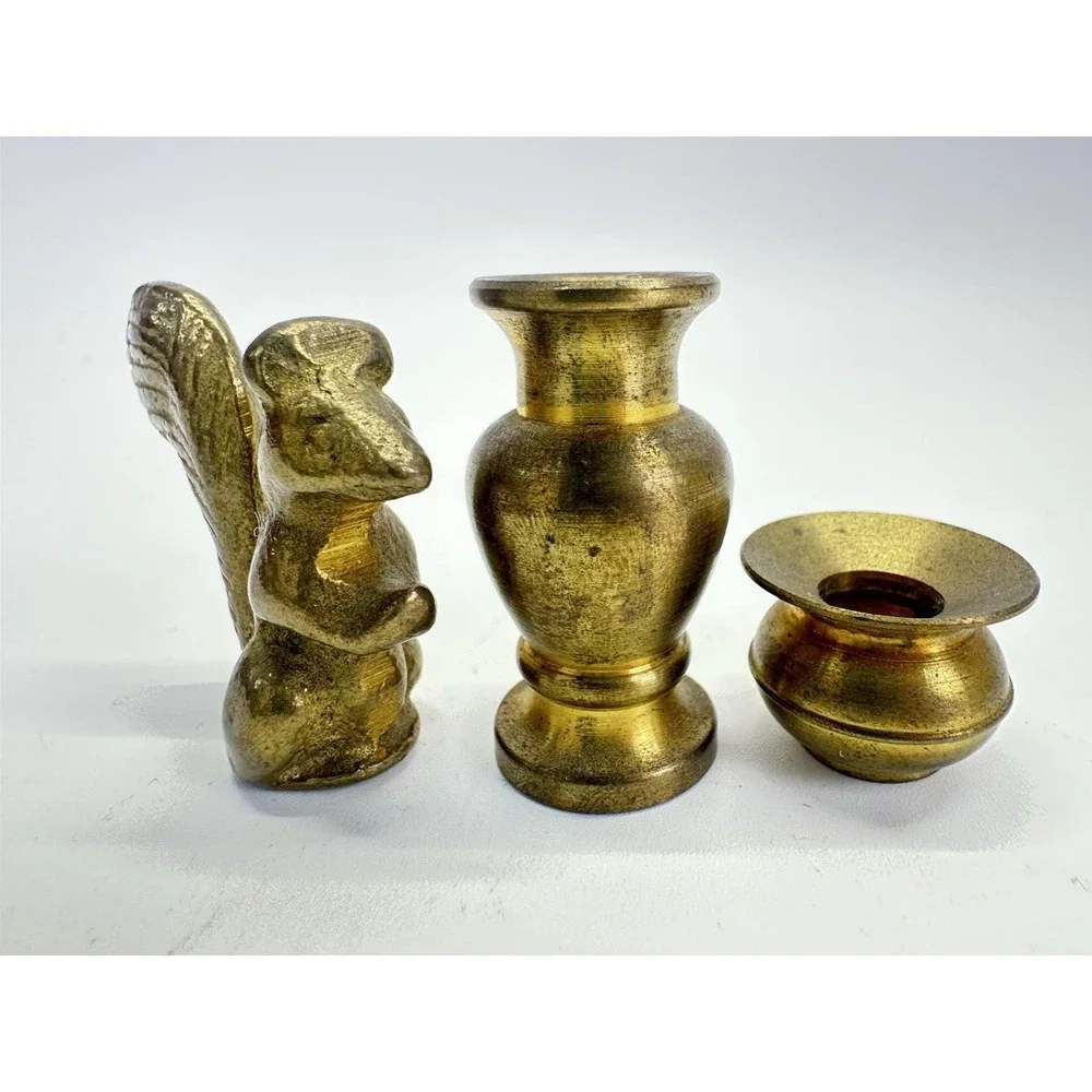 Miniature Brass Dollhouse Decor Lot 3 Squirrel Vase Candle Holder Collectibles